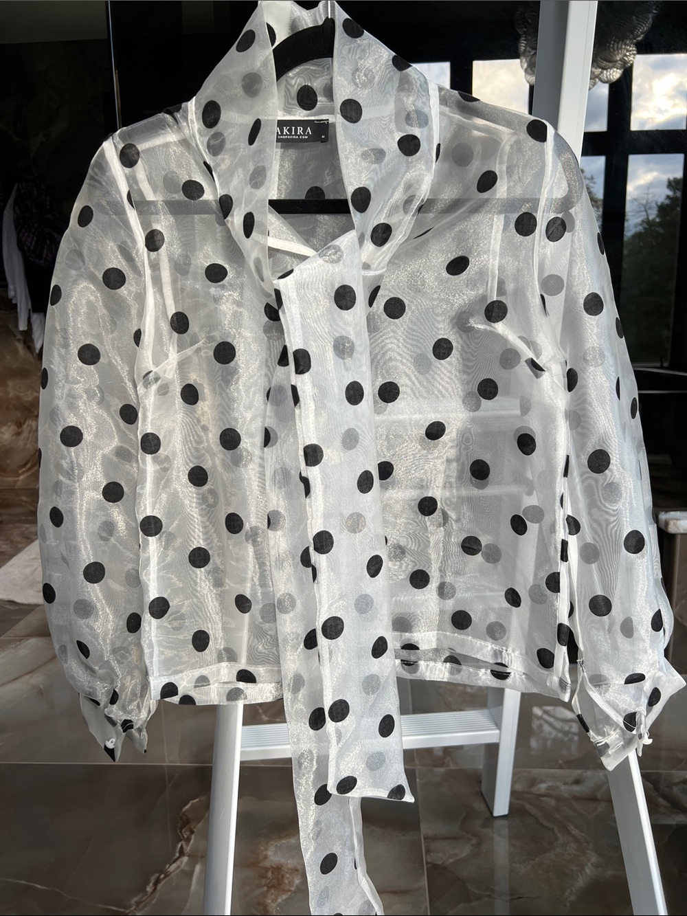 AKIRA Sheer White Blouse with Black Polka Dots and Tie Neck